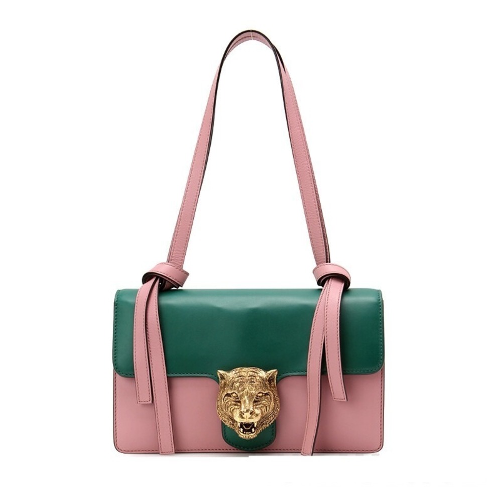 GUCCI Animalier Tiger Head Claps Pink Green Calfskin Leather Bag